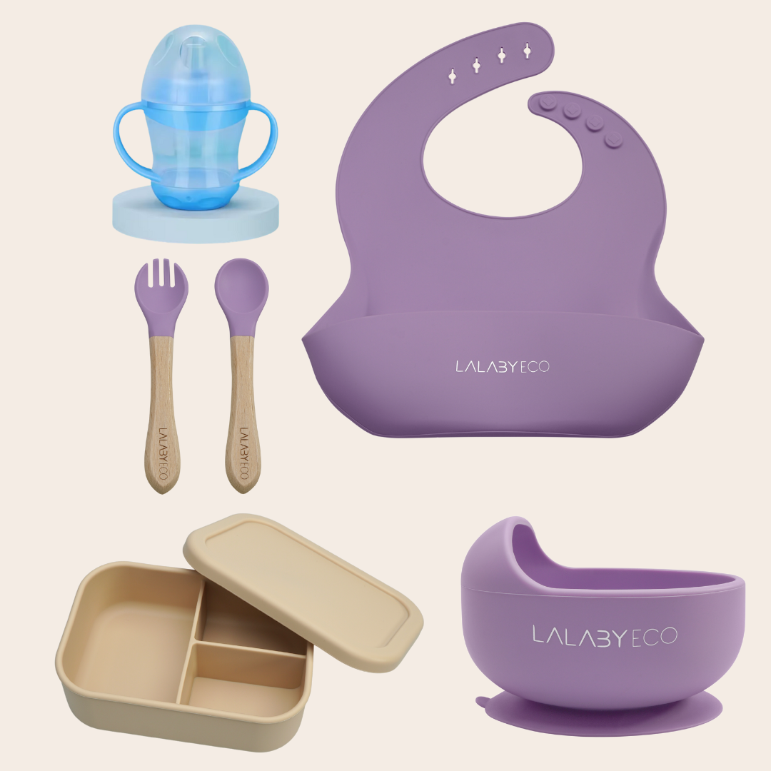 Lalaby zestaw 5 produktów. Miska + śliniak + sztućce + kubek niekapek + lunchbox.