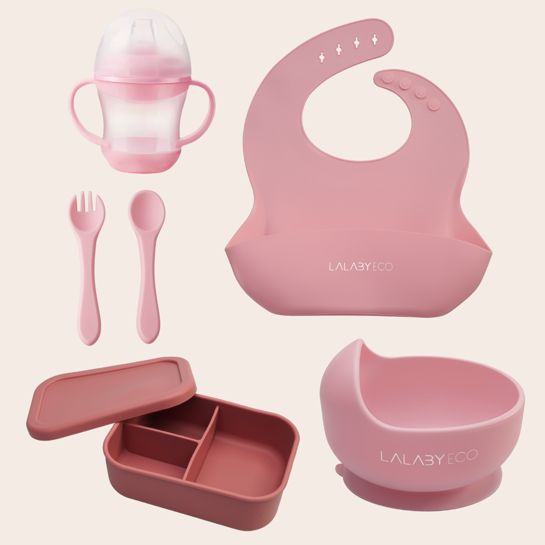 Lalaby zestaw 5 produktów. Miska + śliniak + sztućce + kubek niekapek + lunchbox.