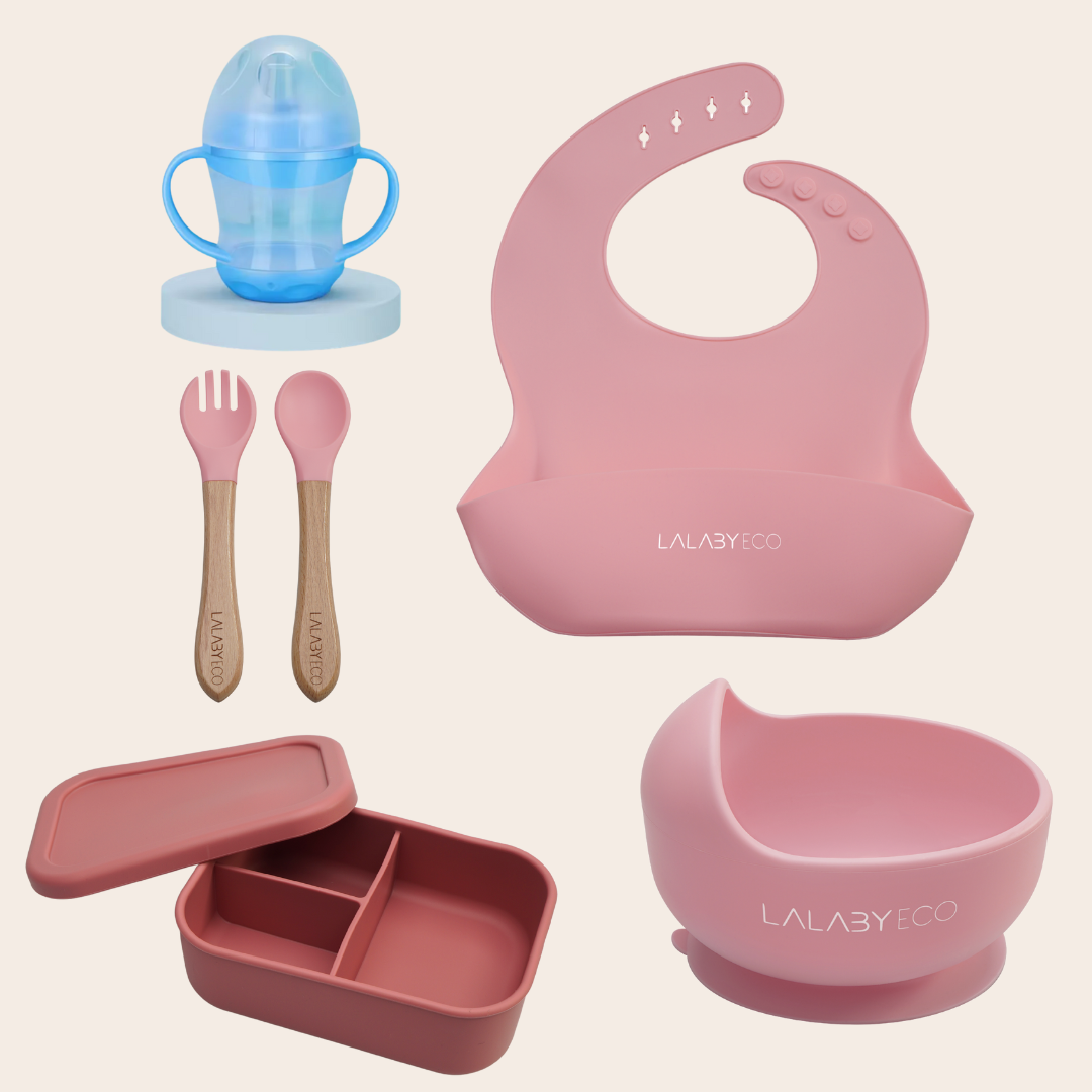 Lalaby zestaw 5 produktów. Miska + śliniak + sztućce + kubek niekapek + lunchbox.