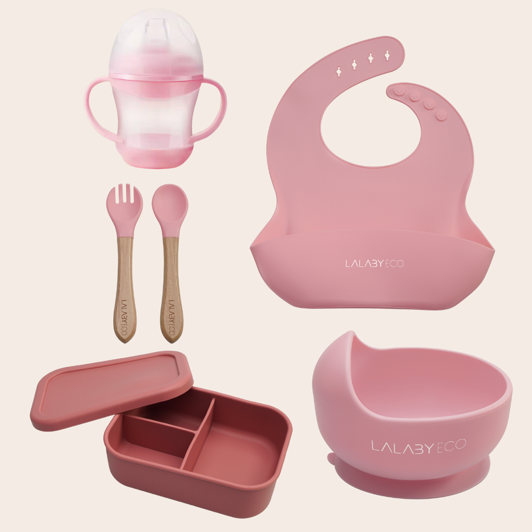 Lalaby zestaw 5 produktów. Miska + śliniak + sztućce + kubek niekapek + lunchbox.