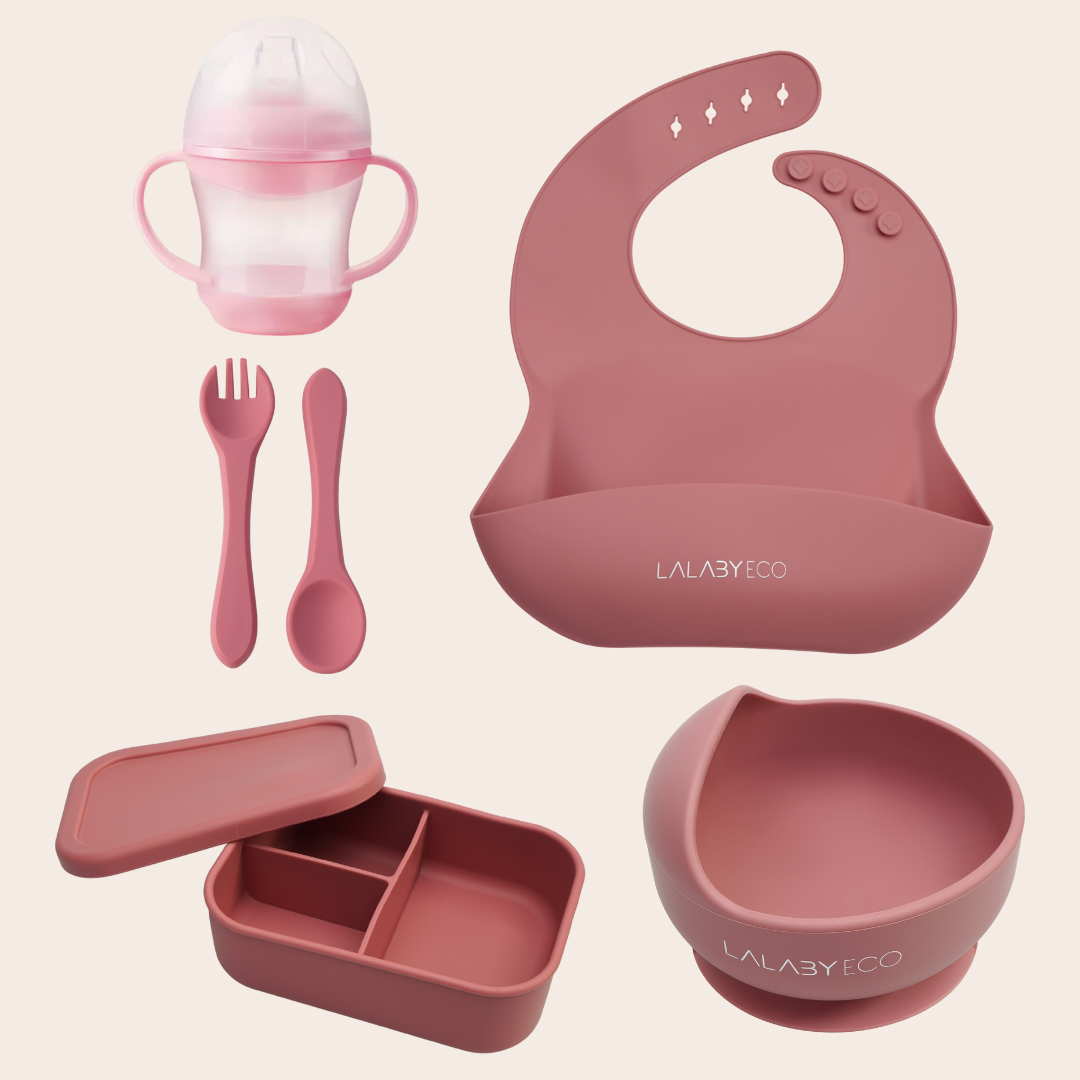 Lalaby zestaw 5 produktów. Miska + śliniak + sztućce + kubek niekapek + lunchbox.