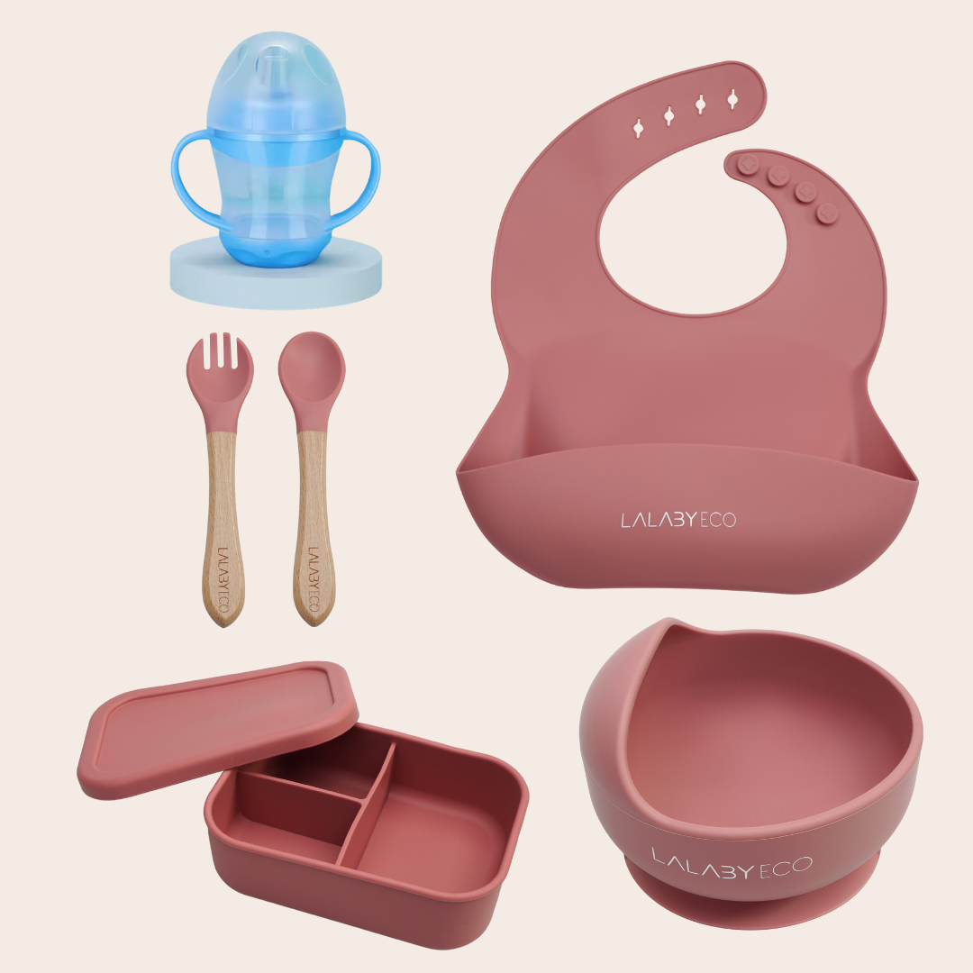 Lalaby zestaw 5 produktów. Miska + śliniak + sztućce + kubek niekapek + lunchbox.