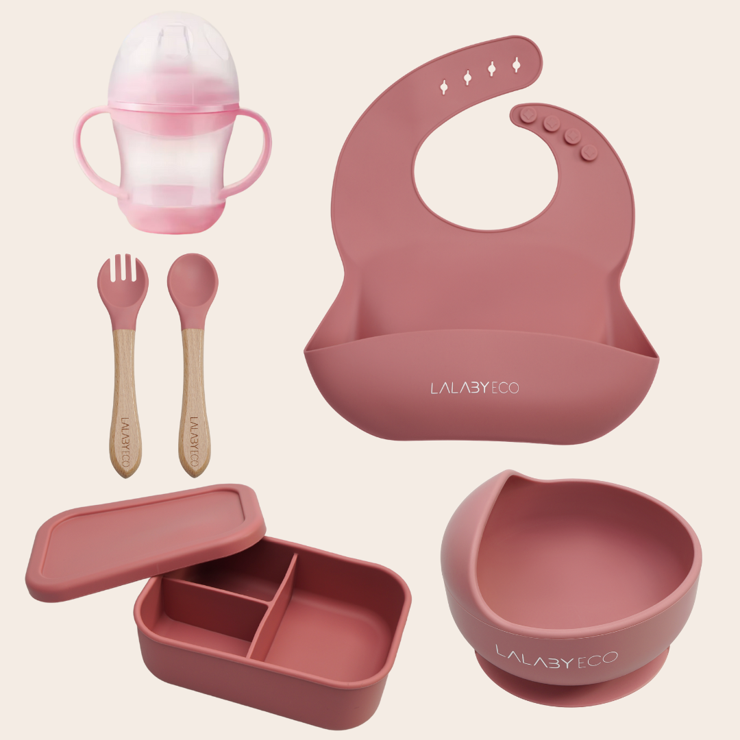 Lalaby zestaw 5 produktów. Miska + śliniak + sztućce + kubek niekapek + lunchbox.