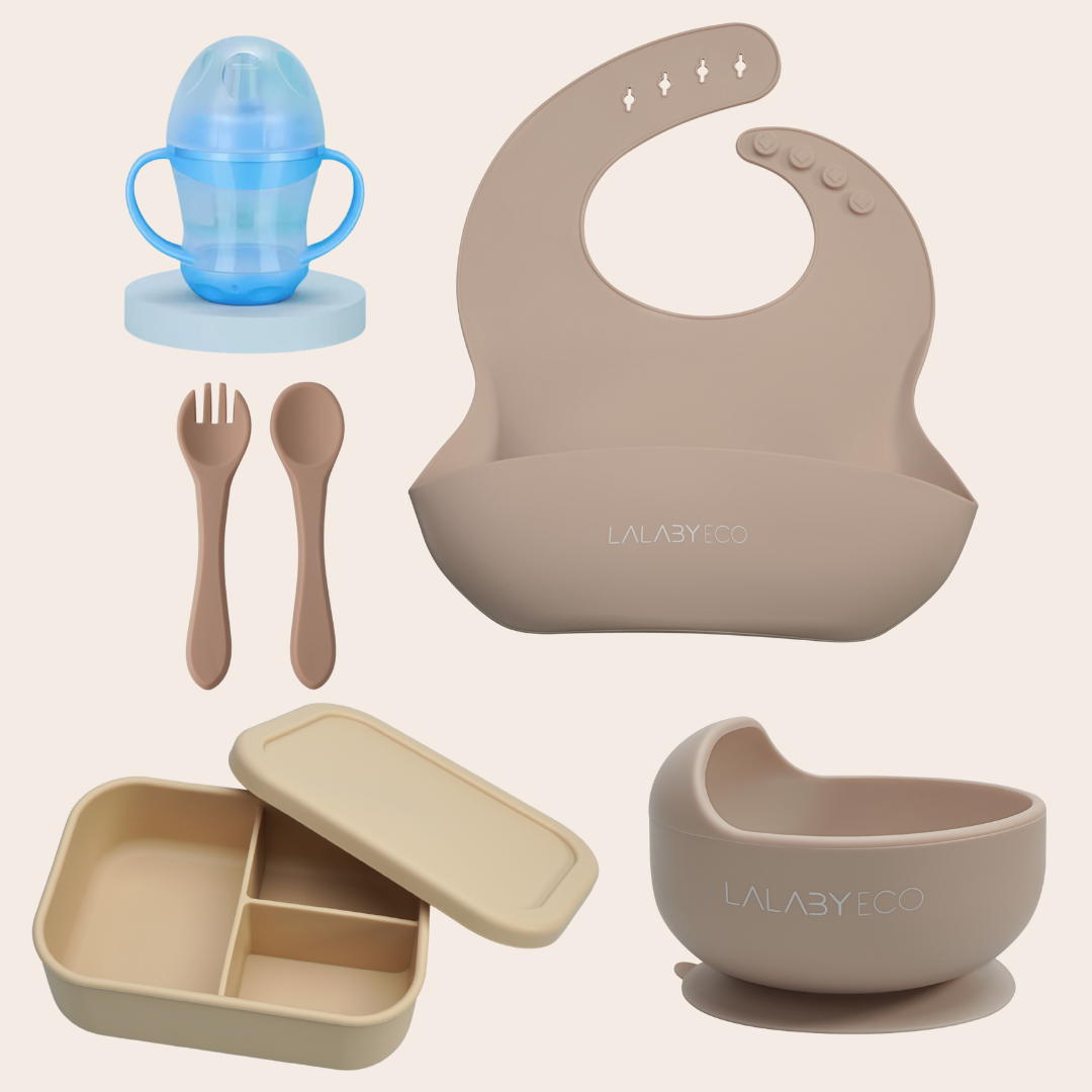 Lalaby zestaw 5 produktów. Miska + śliniak + sztućce + kubek niekapek + lunchbox.