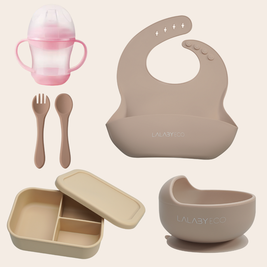 Lalaby zestaw 5 produktów. Miska + śliniak + sztućce + kubek niekapek + lunchbox.