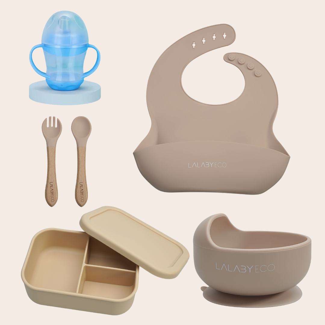 Lalaby zestaw 5 produktów. Miska + śliniak + sztućce + kubek niekapek + lunchbox.