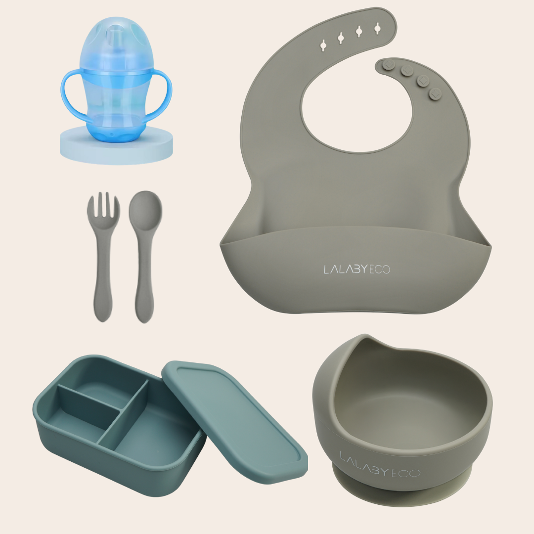 Lalaby zestaw 5 produktów. Miska + śliniak + sztućce + kubek niekapek + lunchbox.