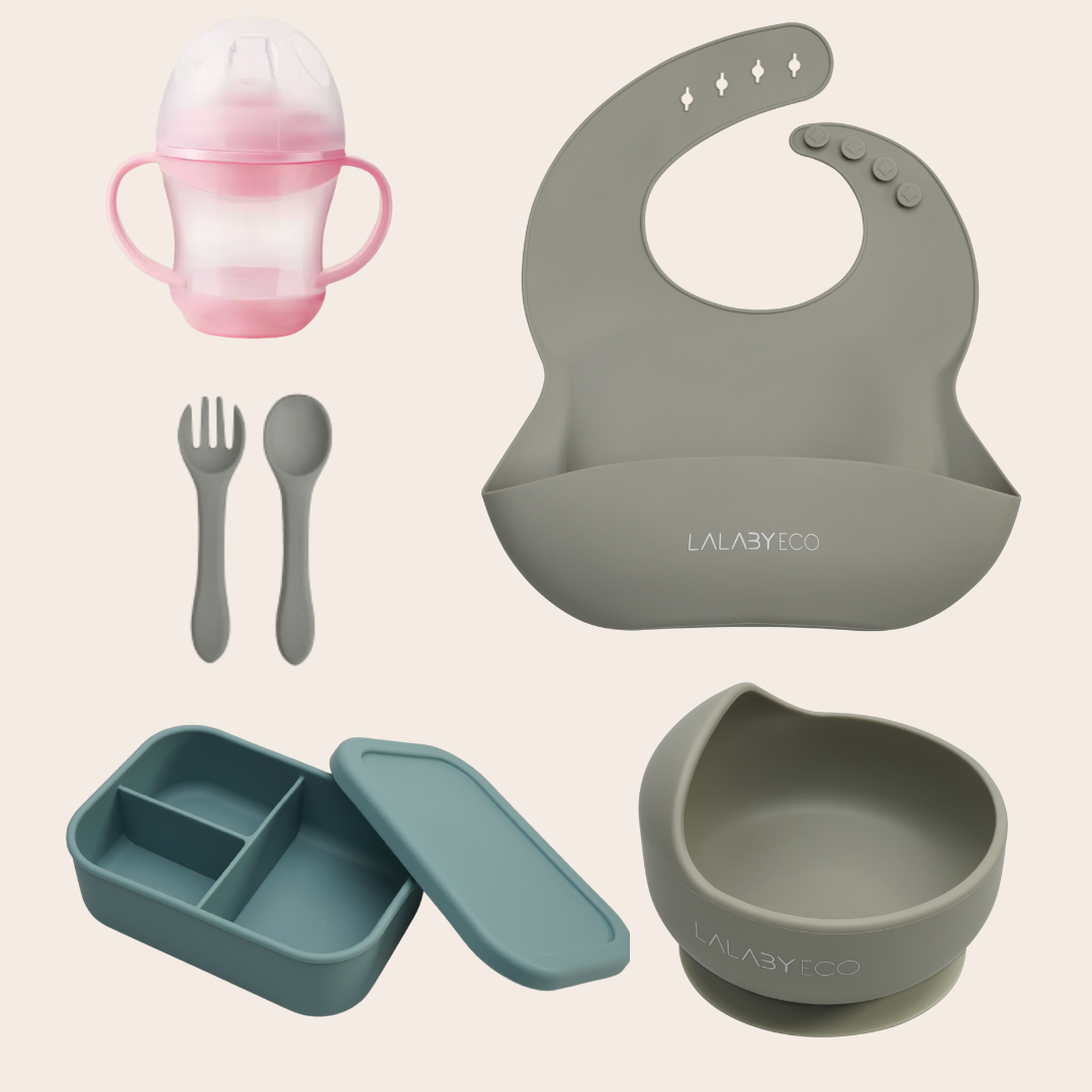 Lalaby zestaw 5 produktów. Miska + śliniak + sztućce + kubek niekapek + lunchbox.