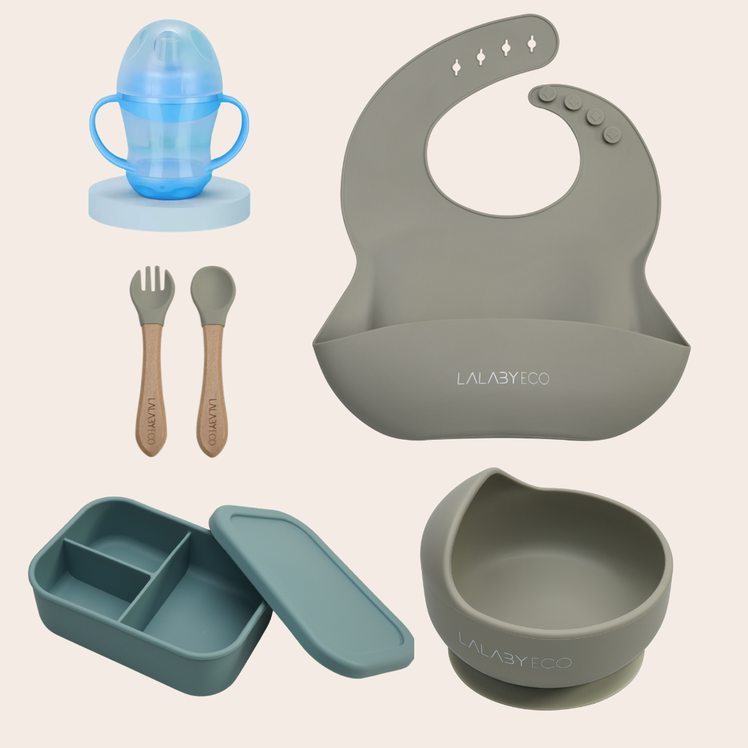 Lalaby zestaw 5 produktów. Miska + śliniak + sztućce + kubek niekapek + lunchbox.