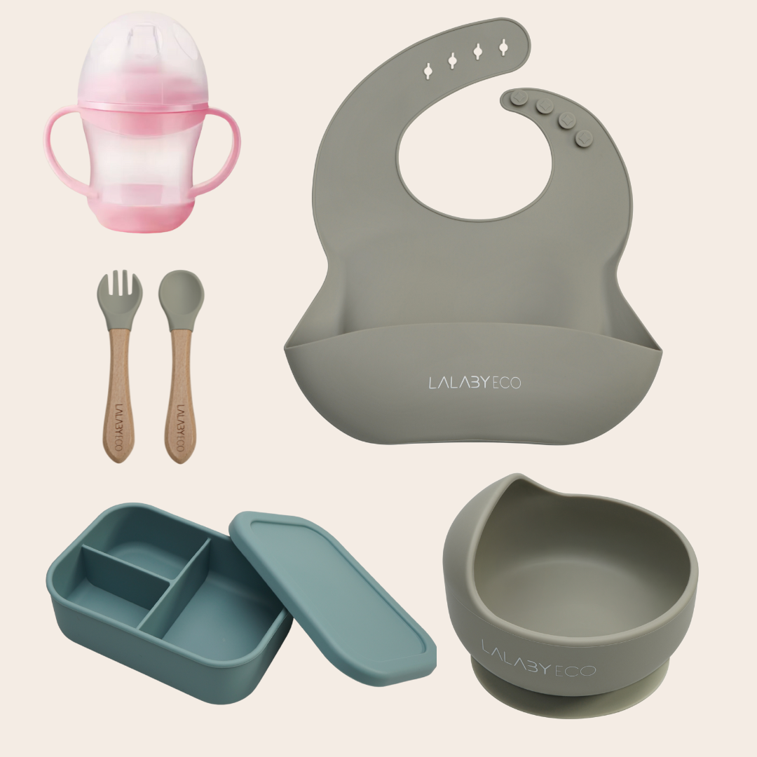 Lalaby zestaw 5 produktów. Miska + śliniak + sztućce + kubek niekapek + lunchbox.
