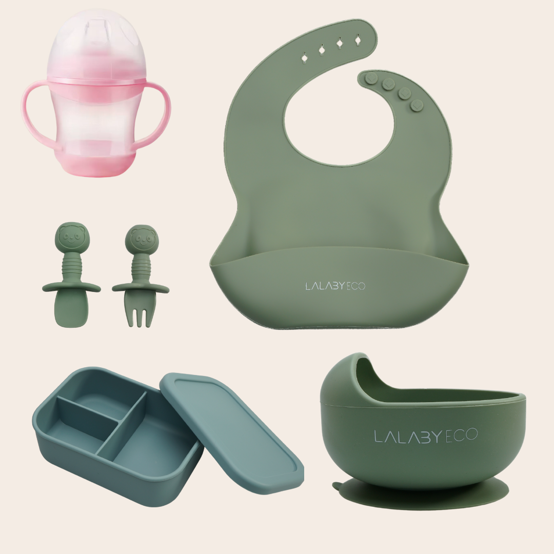 Lalaby zestaw 5 produktów. Miska + śliniak + sztućce + kubek niekapek + lunchbox.