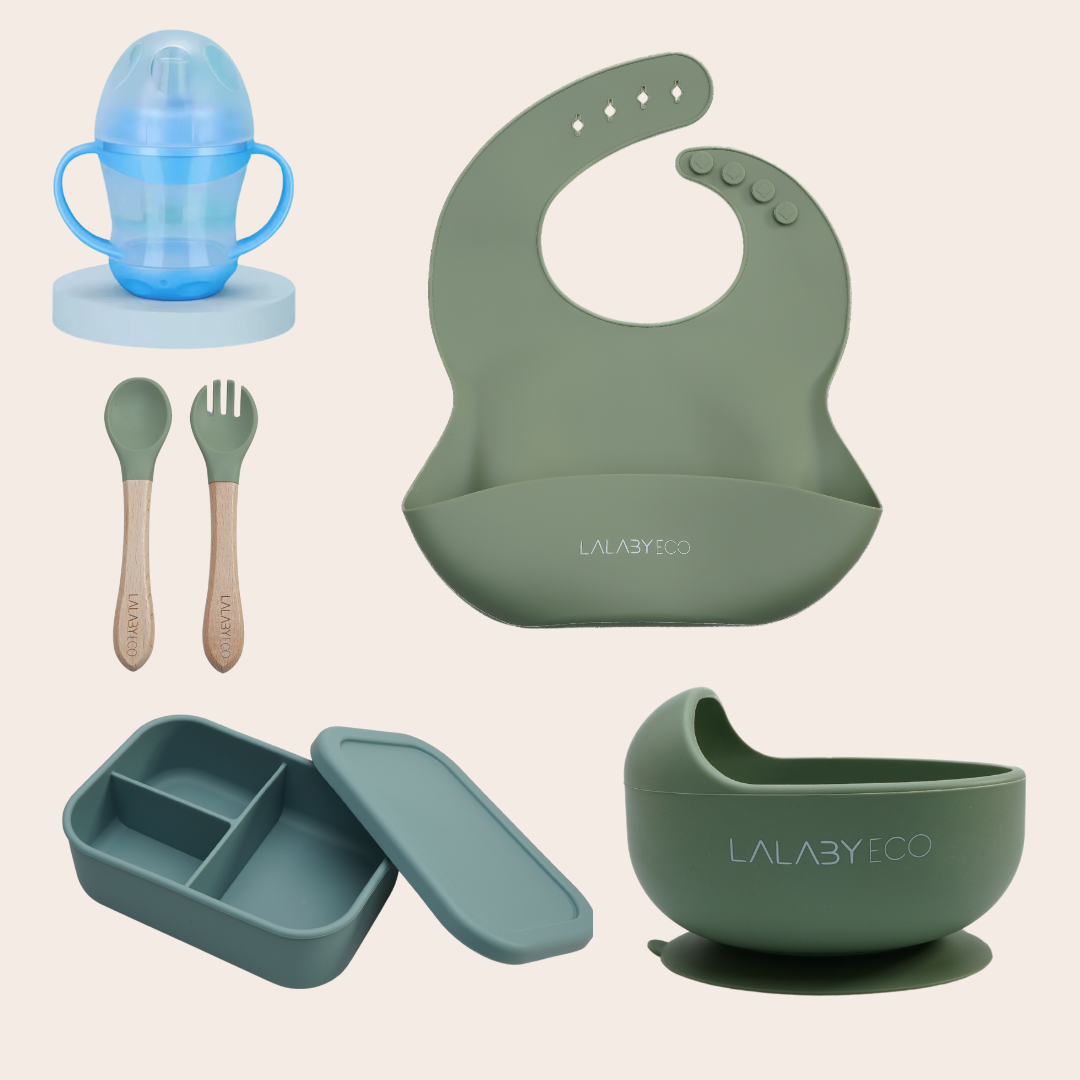 Lalaby zestaw 5 produktów. Miska + śliniak + sztućce + kubek niekapek + lunchbox.