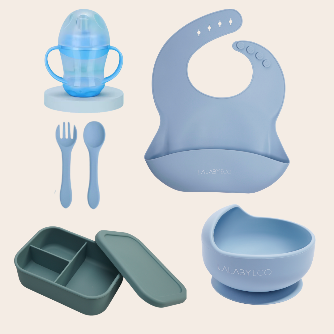 Lalaby zestaw 5 produktów. Miska + śliniak + sztućce + kubek niekapek + lunchbox.