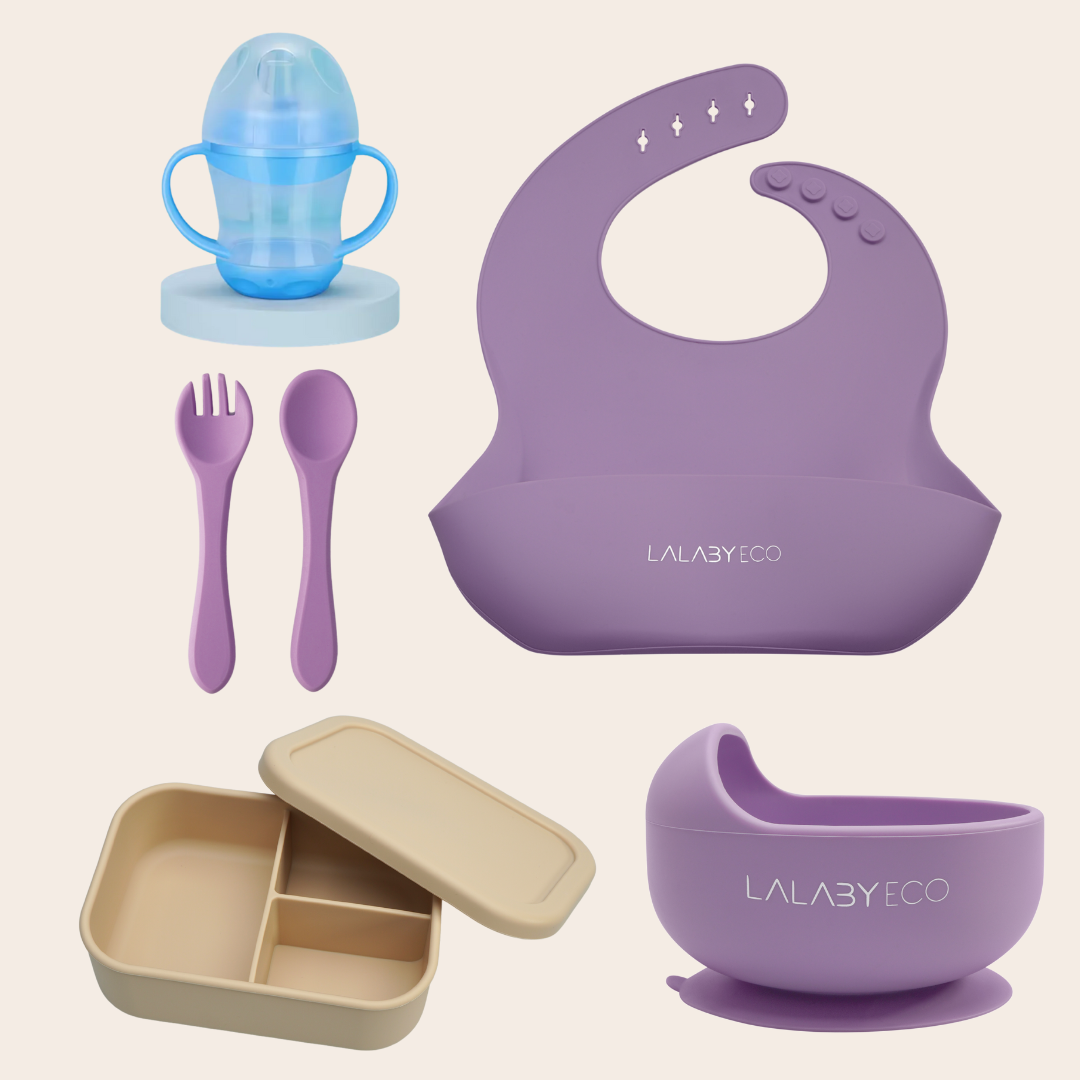 Lalaby zestaw 5 produktów. Miska + śliniak + sztućce + kubek niekapek + lunchbox.